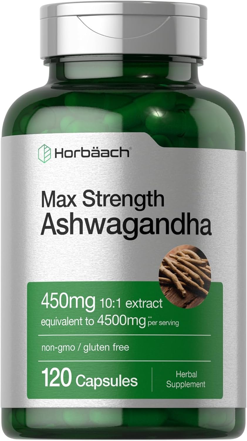 Horbäach Ashwagandha Supplement | Max Strength | 120 Capsules | Non-GMO, Gluten Free